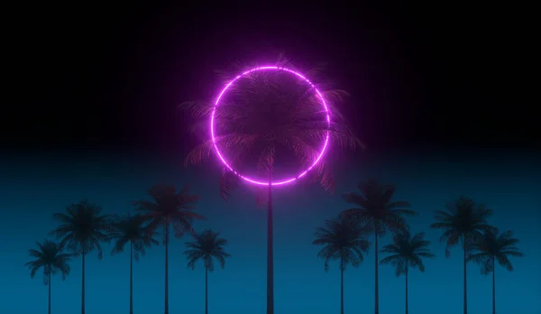 3D vaporwave återge bakgrund med Neon Circle, palmer och Night Blue Sky. Synthwave 1980-talet rentowave illustration. — Stockfoto