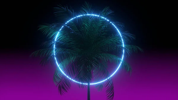 3D парахвильовий візуальний фон з неоновим колом, долонями та нічним фіолетовим небом. Синхронна ілюстрація 1980-х років . — стокове фото