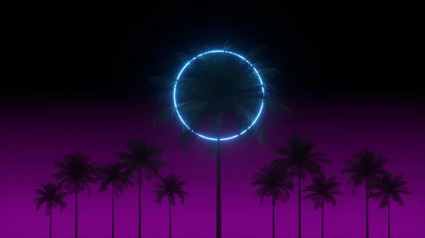 3D vaporwave render achtergrond met neon cirkel, palmen en Night Violet Sky. Synthwave jaren 1980 rentowave illustratie. — Stockfoto