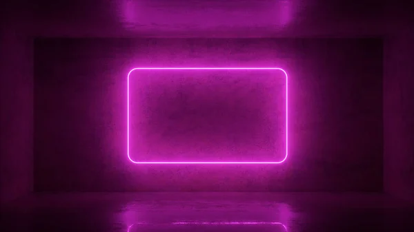 Rendering 3d di cornice al neon su sfondo nella stanza. Disegno banner. Retrowave, synthwave, vaporwave illustrazione . — Foto Stock