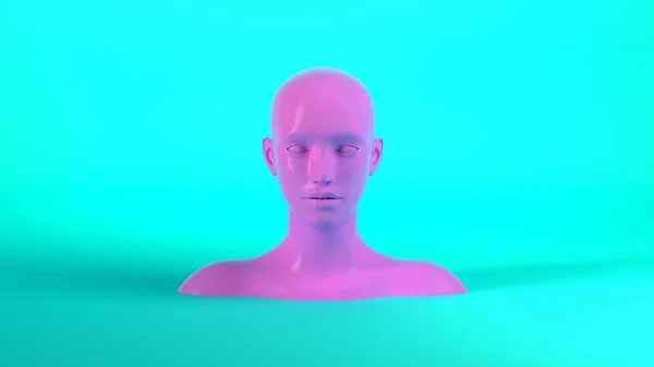 3D απόδοση της αφηρημένη κούκλα θηλυκό κεφάλι σε μπλε φόντο. Γυναίκα της μόδας. Ροζ ανθρώπινο πρόσωπο. — Φωτογραφία Αρχείου