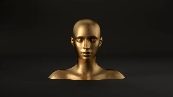 3D-Darstellung einer abstrakten Schaufensterpuppe weiblichen Kopf auf schwarzem Hintergrund. Modefrau. Goldenes menschliches Gesicht. — Stockfoto