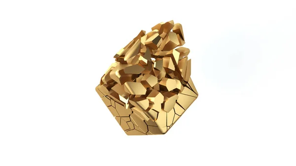 Abstrakte Streugoldform. Goldwürfel zerfällt in kleine Stücke. 3D-Darstellung — Stockfoto
