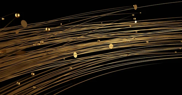 Abstrakte goldene Linien und Kugeln auf schwarzem Hintergrund mit Bokeh. Luxus Gold Konzept polygonale 3D gerenderte Illustration. — Stockfoto