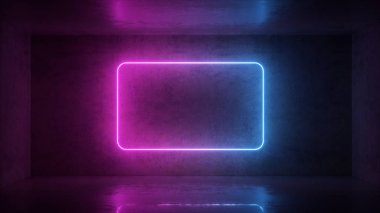 Odada arka plan üzerinde neon çerçeve 3d render. Afiş tasarımı. Retrowave, synthwave, vaporwave illüstrasyon.