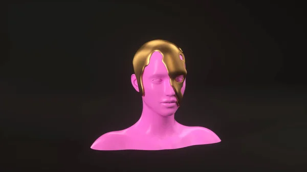 Maniquí abstracto cabeza femenina con líquido dorado sobre fondo. Mujer de moda. Cara humana rosada. ilustración de renderizado 3d —  Fotos de Stock