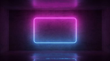 Odada arka plan üzerinde neon çerçeve 3d render. Afiş tasarımı. Retrowave, synthwave, vaporwave illüstrasyon.