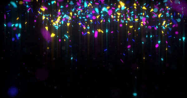 Abstrato neon 3d renderizado fundo. Elementos geométricos e partículas voam em preto. Conceito colorido para cartaz ou banner de festa noturna . — Fotografia de Stock