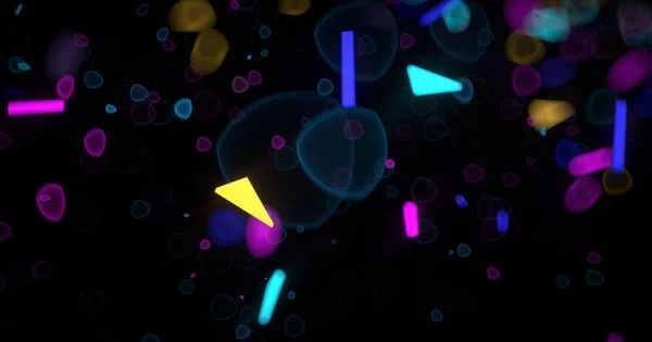 Abstracte Neon 3D gerenderde achtergrond. Geometrische elementen en deeltjes vliegen op zwart. Kleurrijke concept voor nacht partij poster of banner. — Stockfoto