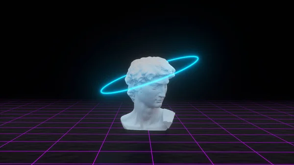 Busto de Davids abstracto con luz de neón en el fondo de la rejilla. Diseño de pancartas. Retrowave, synthwave, vaporwave illustration. Fiesta y concepto de ventas. 3d renderizar — Foto de Stock