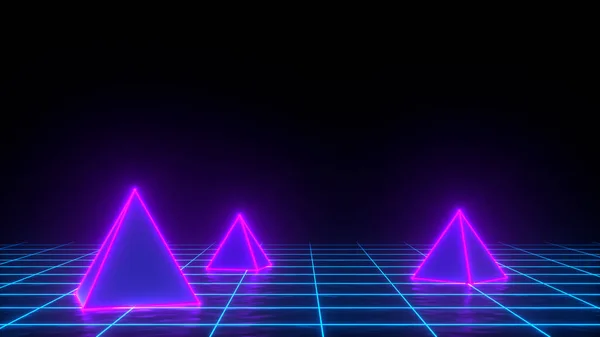 网格背景上霓虹灯金字塔的3d渲染。横幅设计。复古波，合成波，蒸汽波插图。派对和销售理念 — 图库照片