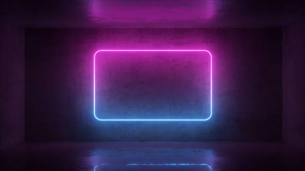 3D renderen van neon frame op achtergrond in de kamer. Banner ontwerp. Retrowave, synthwave, vaporwave illustratie. — Stockfoto