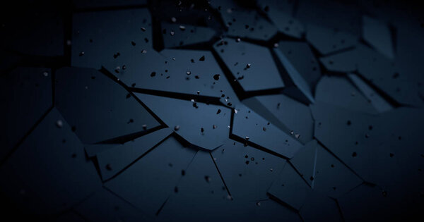 Abstract background with broken elements. Cracked surface. Bursting with debris and bokeh. 3D rendered illustration