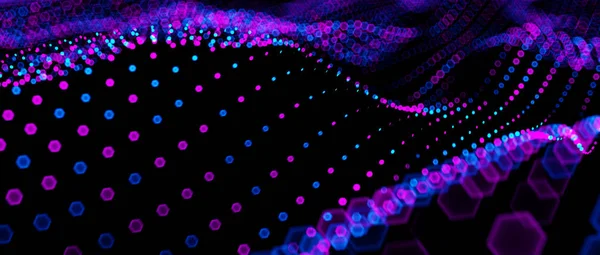 Diseño abstracto de fondo de pantalla de luz futurista de big data. Ciencia patrón oscuro con malla de estructura y círculos. Moderna ilustración de puntos del espacio de negocios con bokeh. Renderizado 3D — Foto de Stock