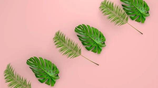 Hojas de palma realistas sobre Coral Fondo vivo para publicidad cosmética o ilustración de moda. Palma de plátano exótica marco tropical. Venta de diseño de banner. Renderizado 3D —  Fotos de Stock