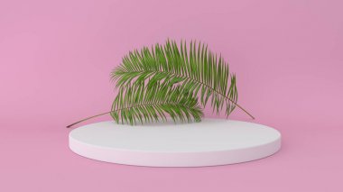 Palmiye izni ile soyut platform 3d render. Modern minimal tasarımda geometrik figürler. Ürün ekranı için gerçekçi mock up