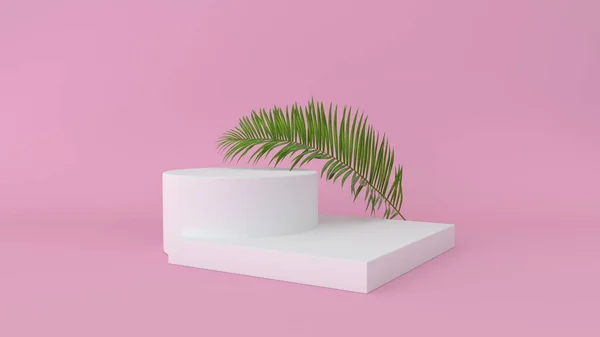 3D renderen van abstract platform met Palm verlof. Geometrische figuren in modern minimal design. Realistische mock up voor product display — Stockfoto
