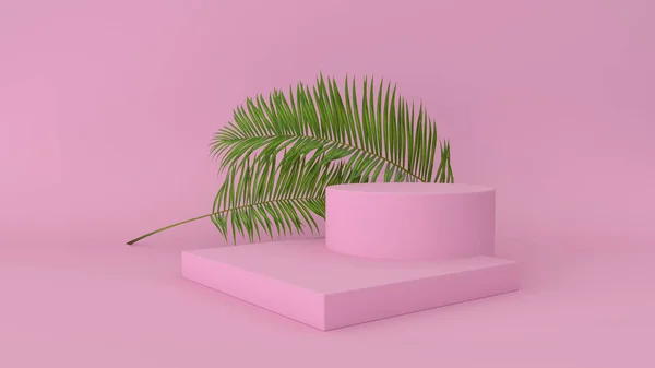 3D renderen van abstract platform met Palm verlof. Geometrische figuren in modern minimal design. Realistische mock up voor product display — Stockfoto