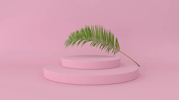 3D render of abstract platform with palm leave. Geometric figures in modern minimal design. Realistic mock up for product display — Stock Photo, Image
