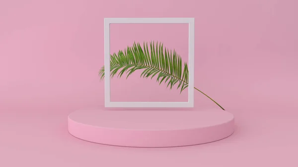 3D render of abstract platform with palm leave. Geometric figures in modern minimal design. Realistic mock up for product display — Stock Photo, Image