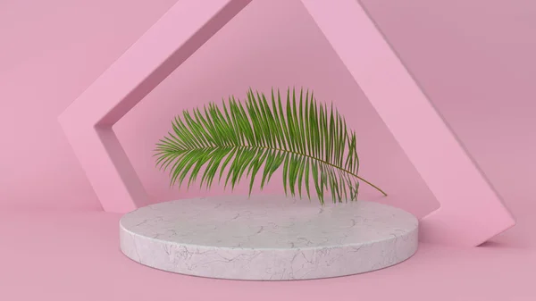 3D render of abstract platform with palm leave. Geometric figures in modern minimal design. Realistic mock up for product display — Stock Photo, Image