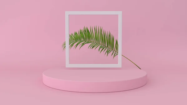 Representación 3D de plataforma abstracta con licencia de palma. Figuras geométricas en diseño minimalista moderno. Simulación realista para la exhibición del producto —  Fotos de Stock