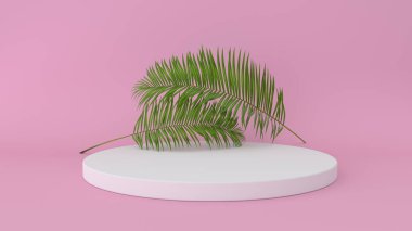 Palmiye izni ile soyut platform 3d render. Modern minimal tasarımda geometrik figürler. Ürün ekranı için gerçekçi mock up