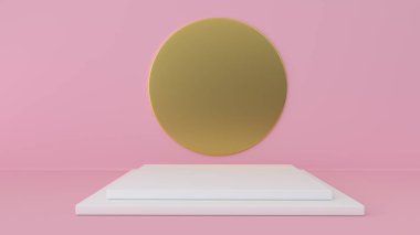 Pembe stüdyo ve ayaklı arka plan. Güzellik ürünleri platformu ekran. Modern minimal tasarımda gerçekçi bir şekilde alay edin. 3d illüstrasyon, 3d render.