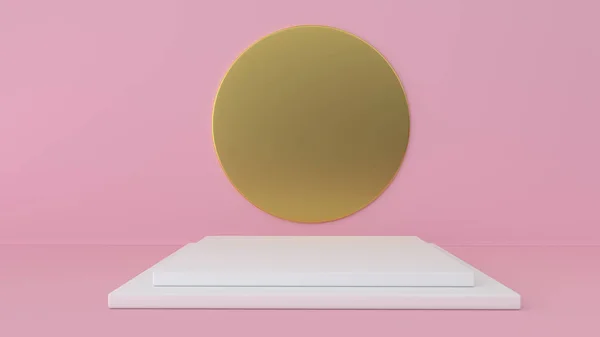 Estúdio rosa e fundo pedestal. Plataforma para exibição de produtos de beleza. Mock realista em design moderno mínimo. Ilustração 3d, renderização 3d . — Fotografia de Stock