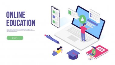 Online eğitim kavramı. 3d isometrik düz afiş tasarımı. Web, infografik veya baskı için. Vektör çizimi
