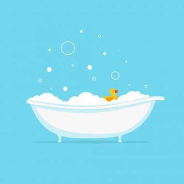Sarı ördek ve kabarcıklar ile köpük banyo. Vektör
