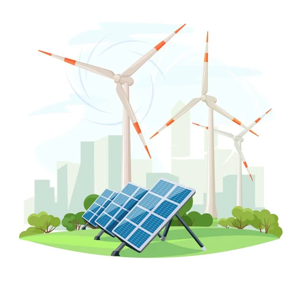Paneles solares y aerogeneradores, energía verde, paisaje urbano, ecología. Suministro ecológico sostenible de energía. Vector — Vector de stock
