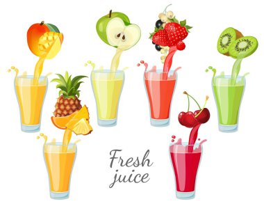 Sıçramaları ile gözlük farklı meyve suları. Mango, ananas, elma, çilek, kuş üzümü, kiraz, kivi. Vektör