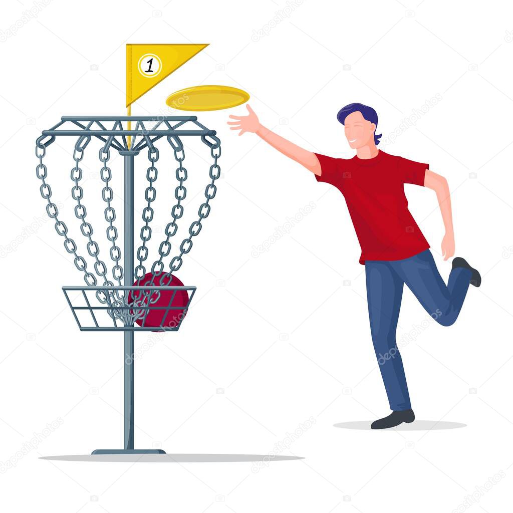 Man throwing a frisbee disc to the basket. Vector illustration