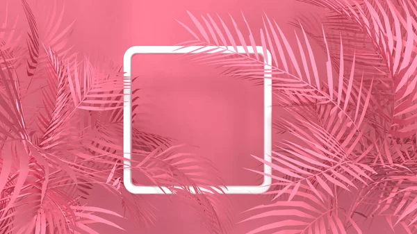 Hoja de palmera tropical fondo rosa con marco blanco 3D. Naturaleza ilustración de verano. Renderizado 3D —  Fotos de Stock