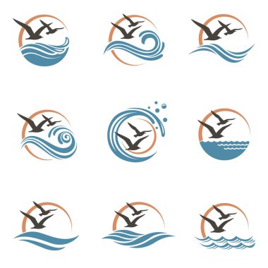 Okyanus dalgaları ve martılar logolu soyut tasarım