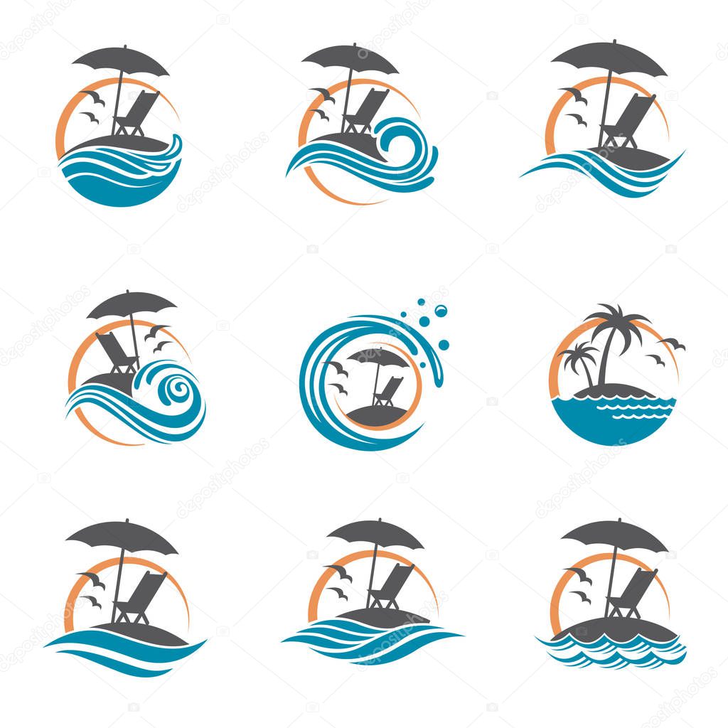 Emblems collection of summer vacation with reclining chair and umbrella on island