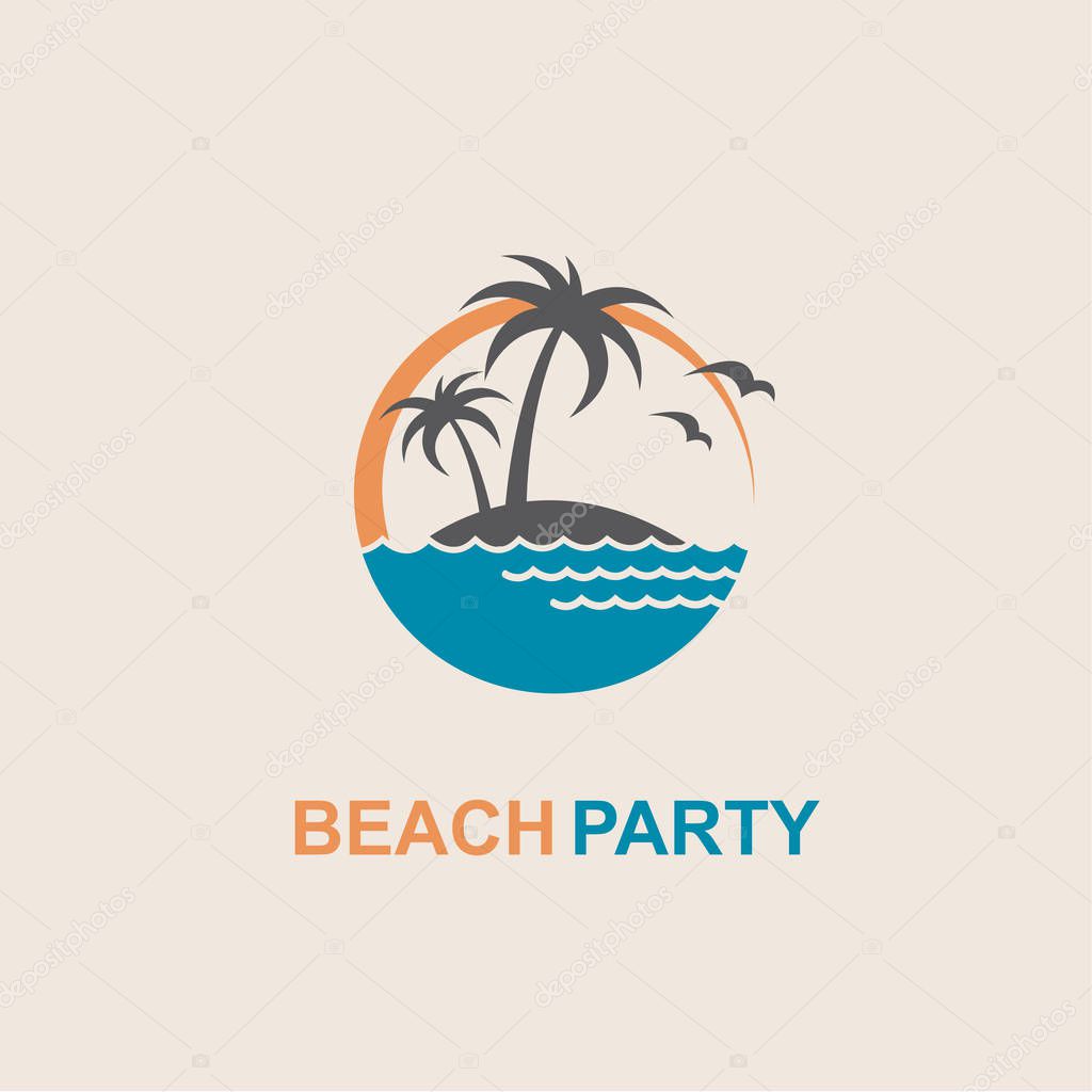 Emblem of summer vacation with reclining chair and umbrella on island