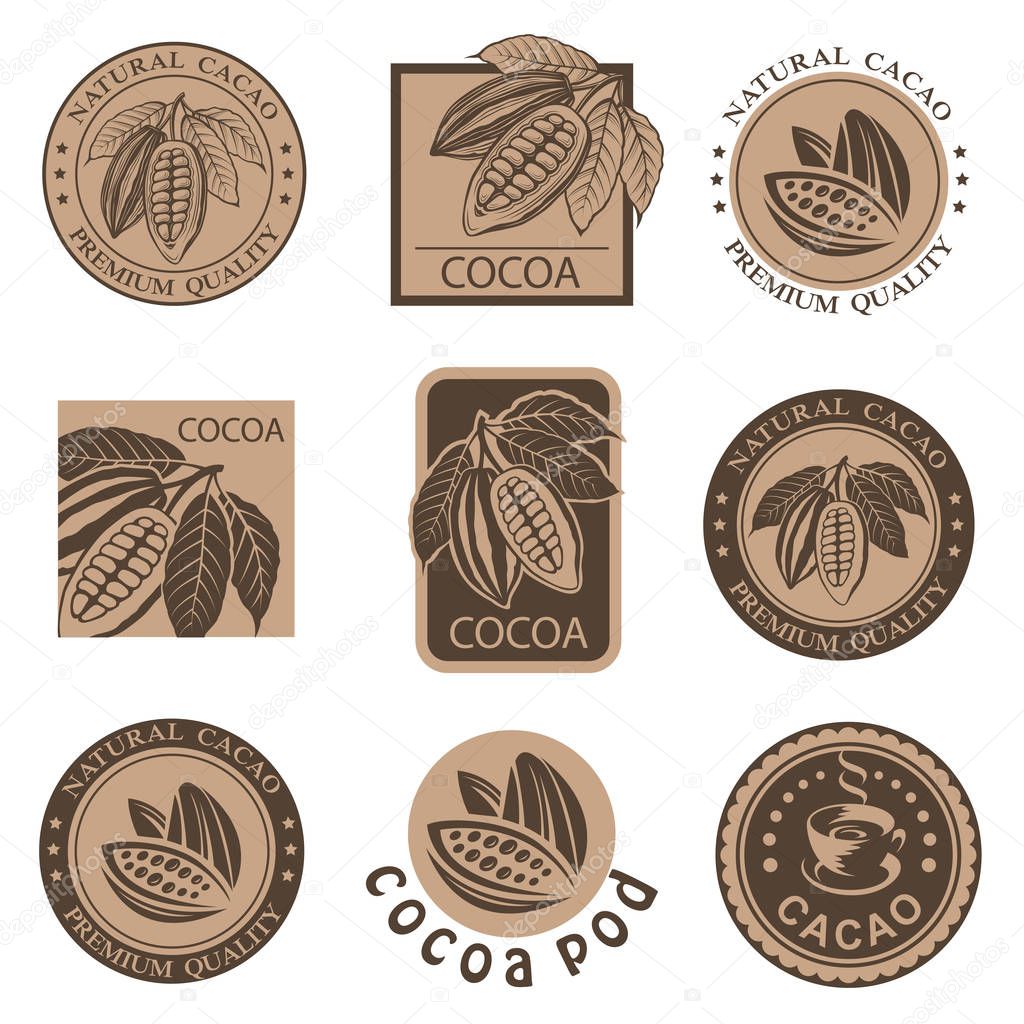 collection of labels with cocoa beans and leaves