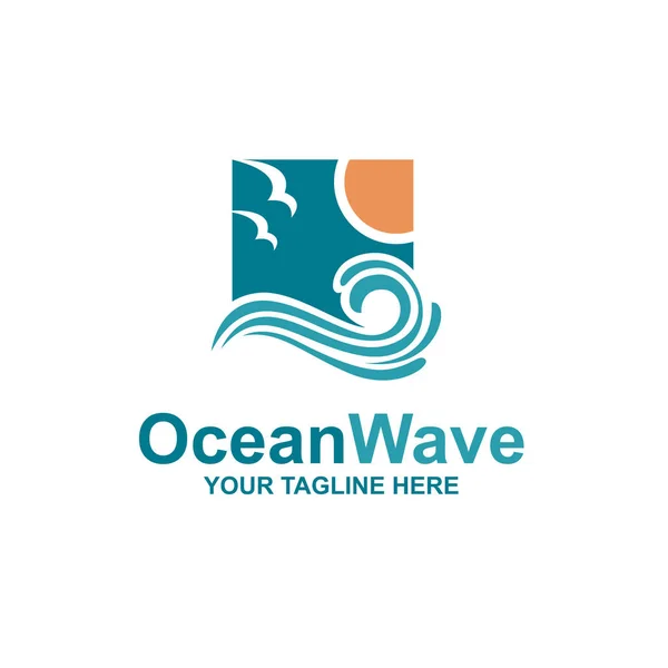 Emblème Océan Avec Vagues Soleil Mouettes — Image vectorielle