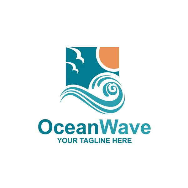 Emblème Océan Avec Vagues Soleil Mouettes — Image vectorielle