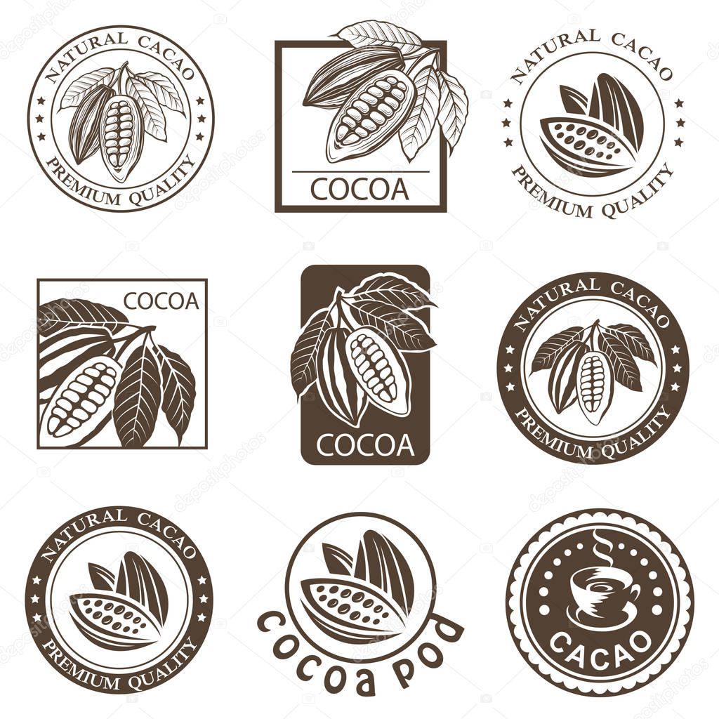 Collection of labels with cocoa beans and leaves