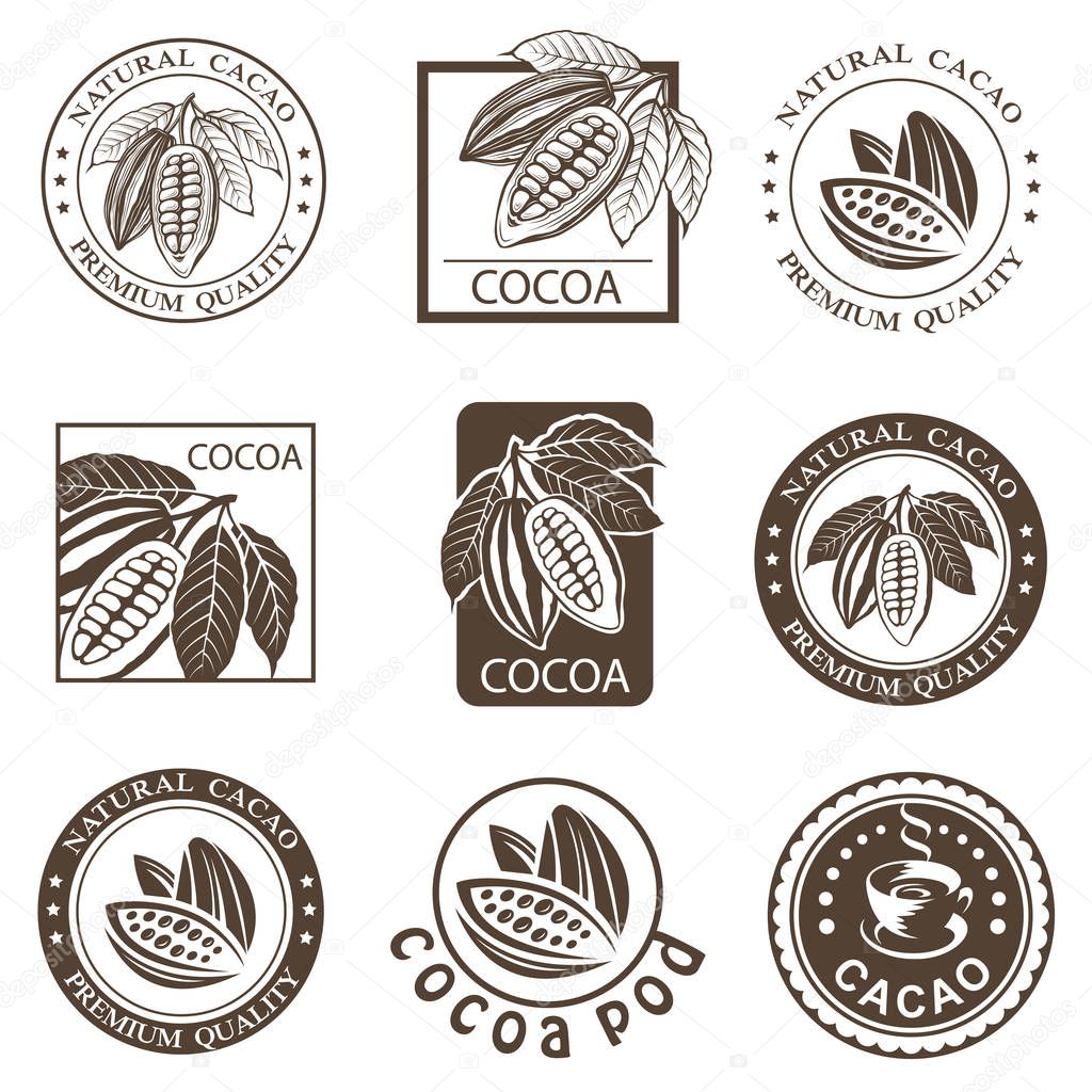 collection of labels with cocoa beans and leaves