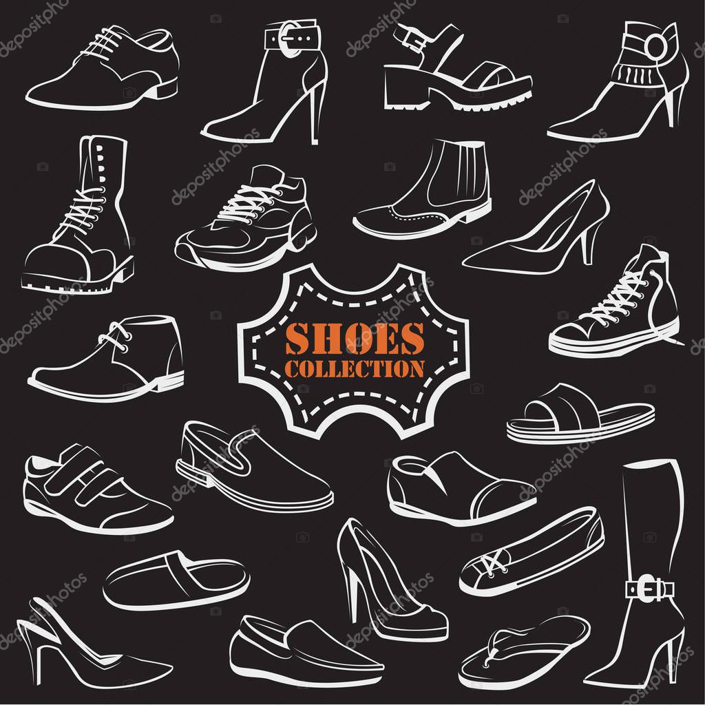 Collection of various men's and women's shoes on black background