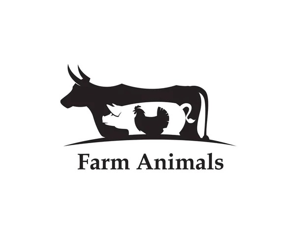 Çiftlik Hayvanları Inek Domuz Tavuk Tek Renkli Etiket — Stok Vektör