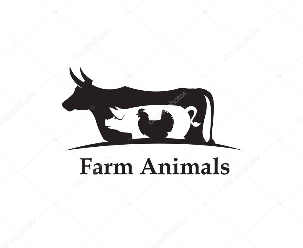 Monochrome label of farm animals cow, pig and chicken