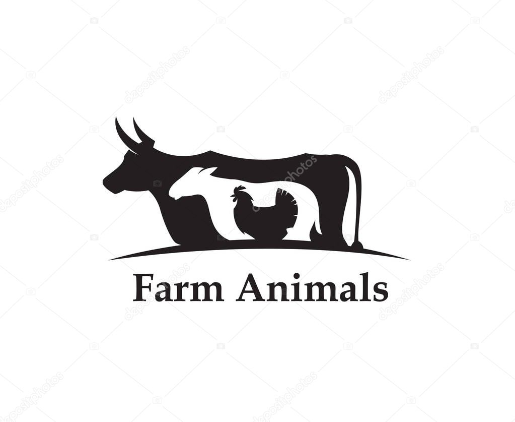 monochrome label of farm animals cow, chicken and sheep