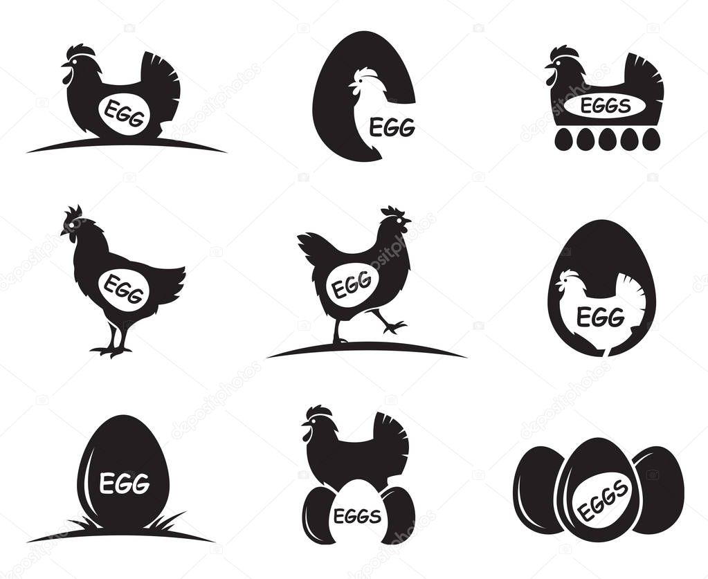 Collection of chicken and eggs icons isolated on white background