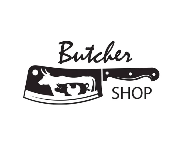 Tek Renkli Kasap Dükkanı Arması Kithen Bıçak Domuz Inek Tavuk — Stok Vektör