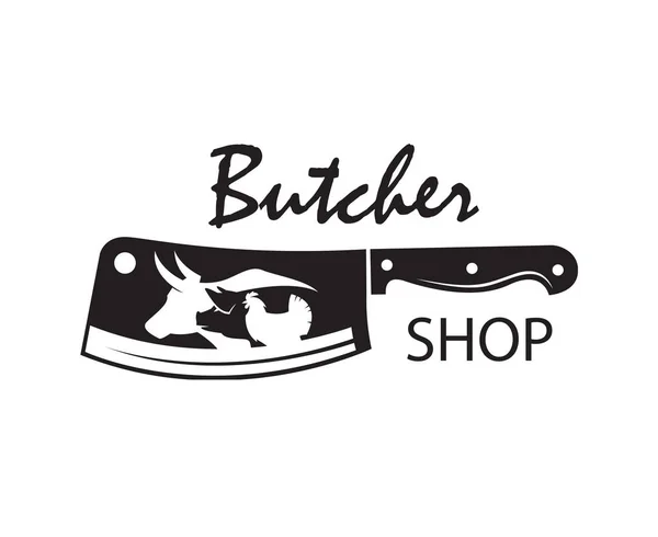 Monochromatyczne Butcher Shop Godło Kithen Nóż Świnia Krowa Kurczak — Wektor stockowy